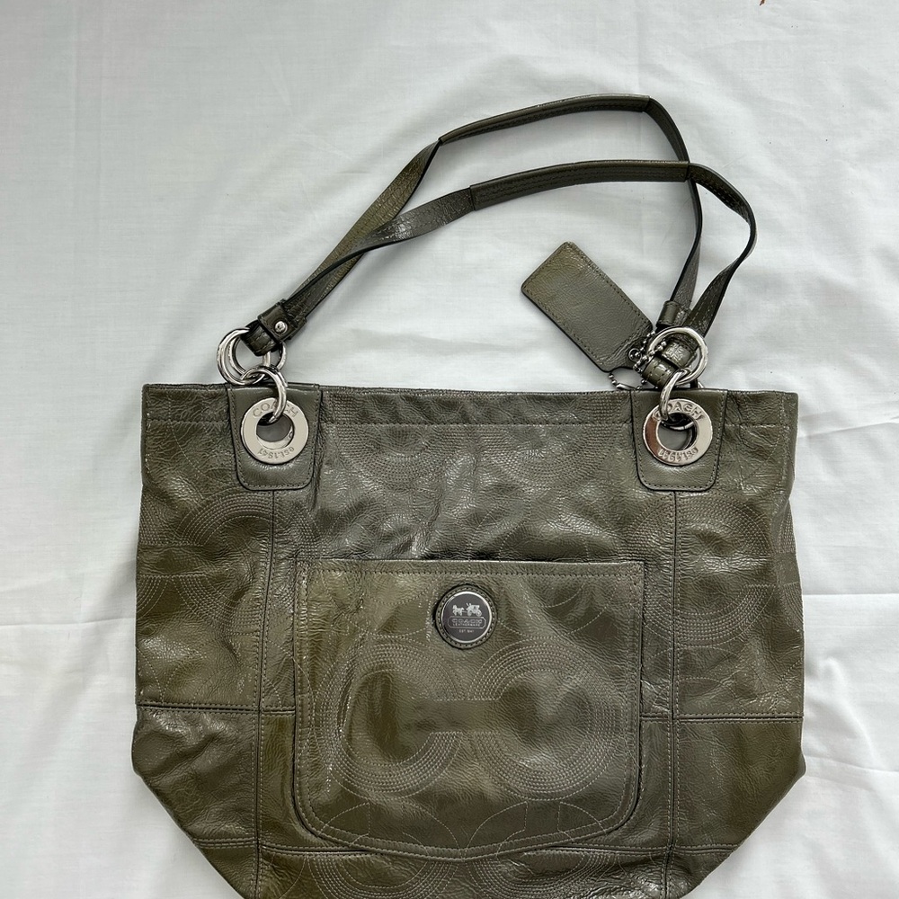 Coach Alex Stitched Patent Leather Tote in olive green